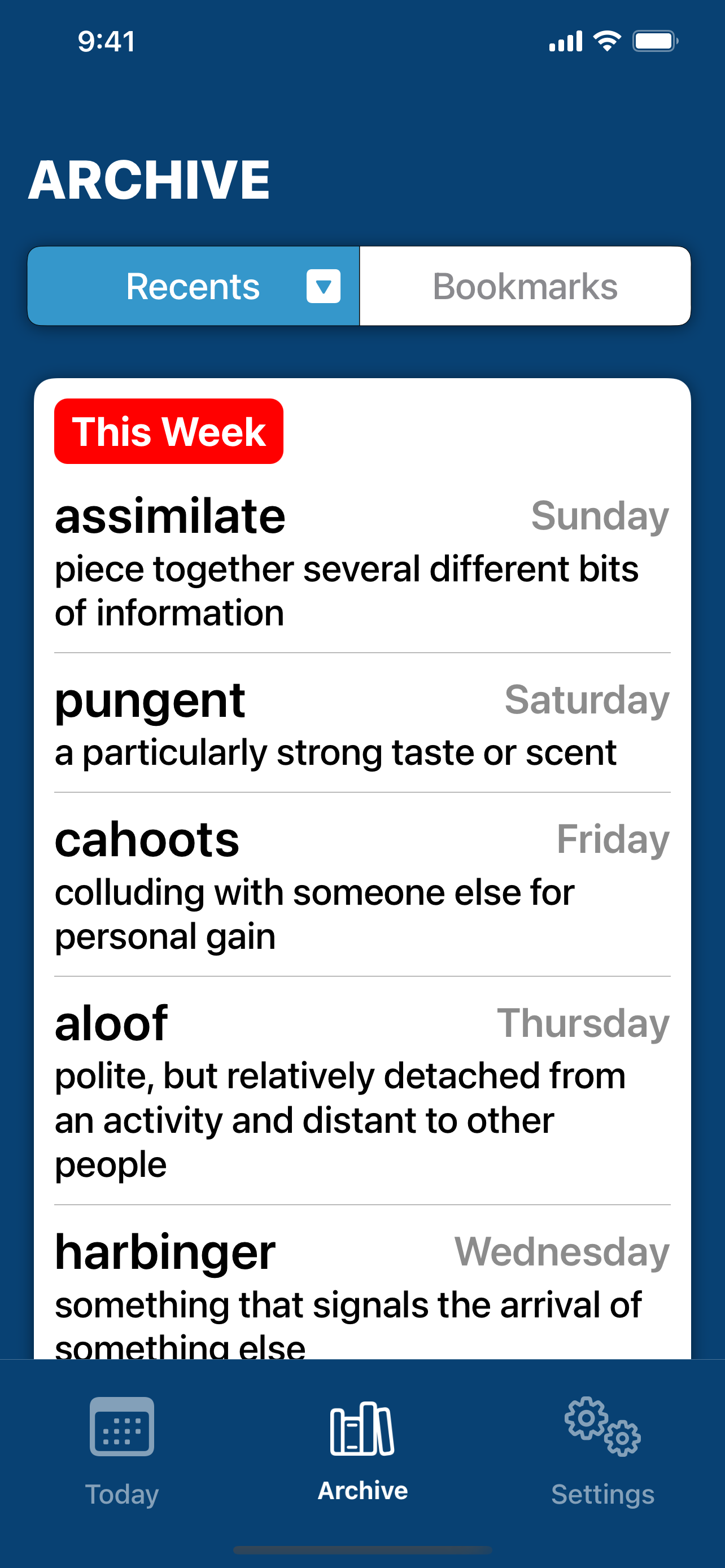 A screenshot of the Archive tab in Daily Dictionary.