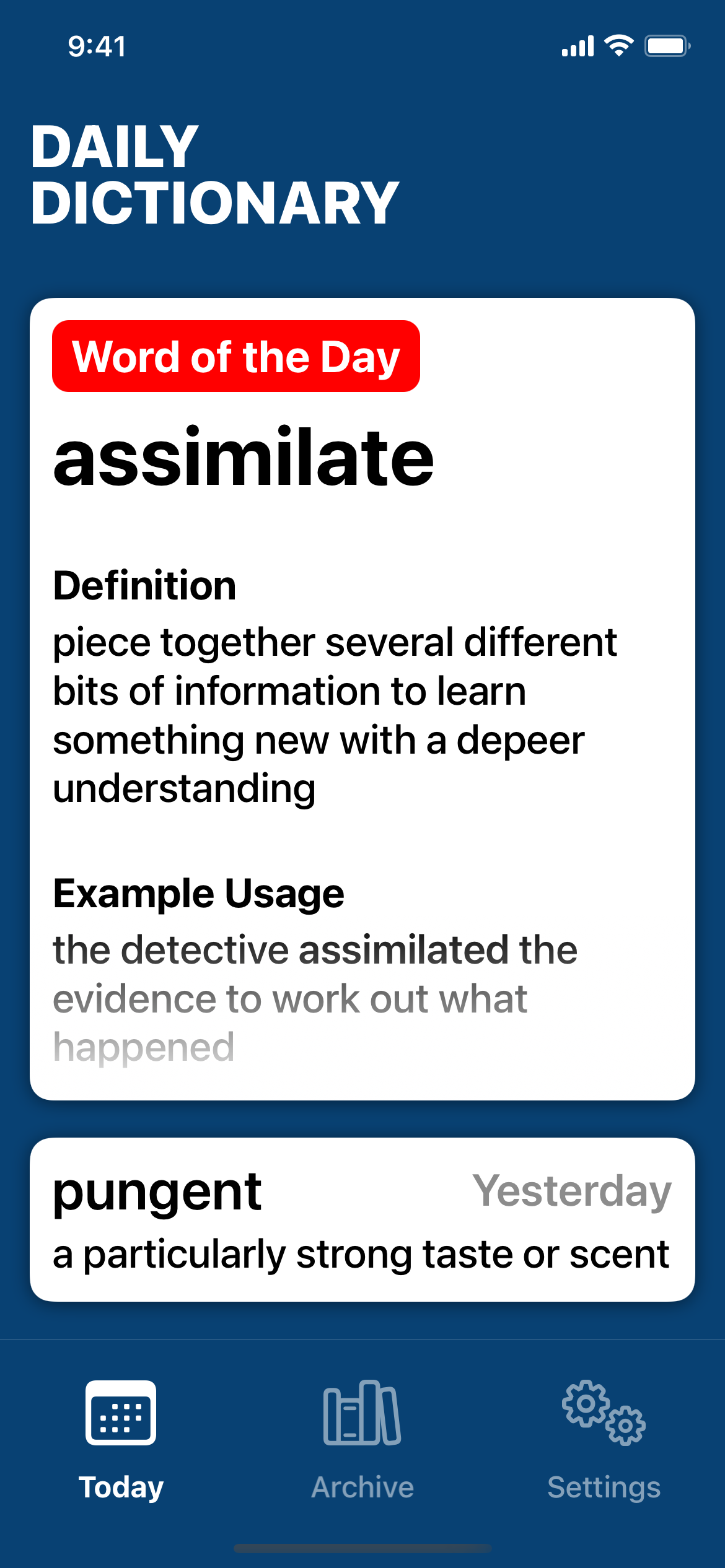 A screenshot of the Daily Dictionary app Today tab, featuring the word of the day.